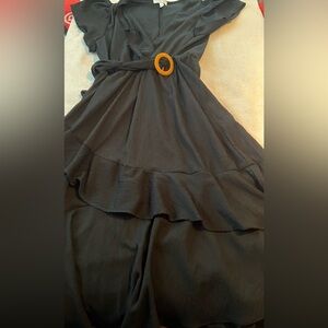 Nice Black Dress with V- neck , belt with Ruffles at the Bottom